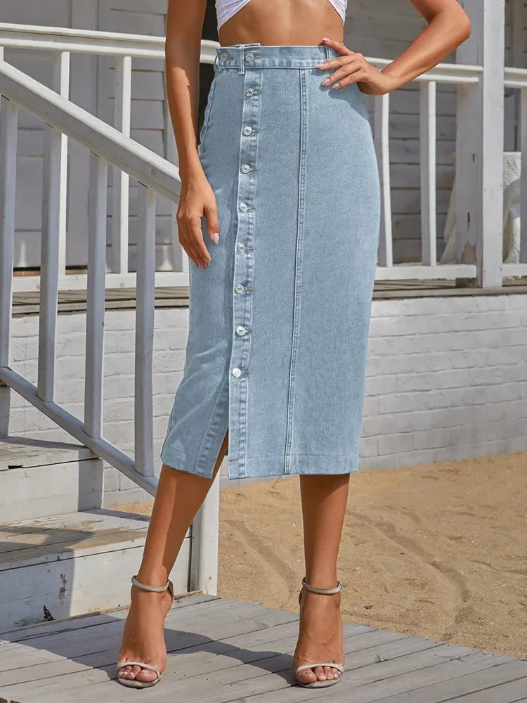 DressBetty - Streetwear Button Denim Skirt Bodycon Long Skirt - View 6 | VelvetHem