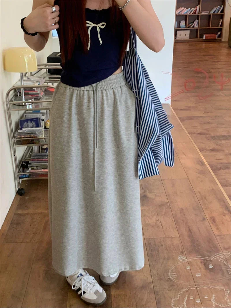 DressBetty - Solid Color Elastic Drawstring Straight Long Skirt