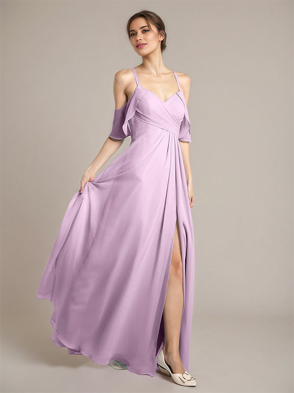 Wisteria A Line Chiffon Spaghetti Straps Sleeveless Floor-Length Bridesmaid Dresses With Ruffles