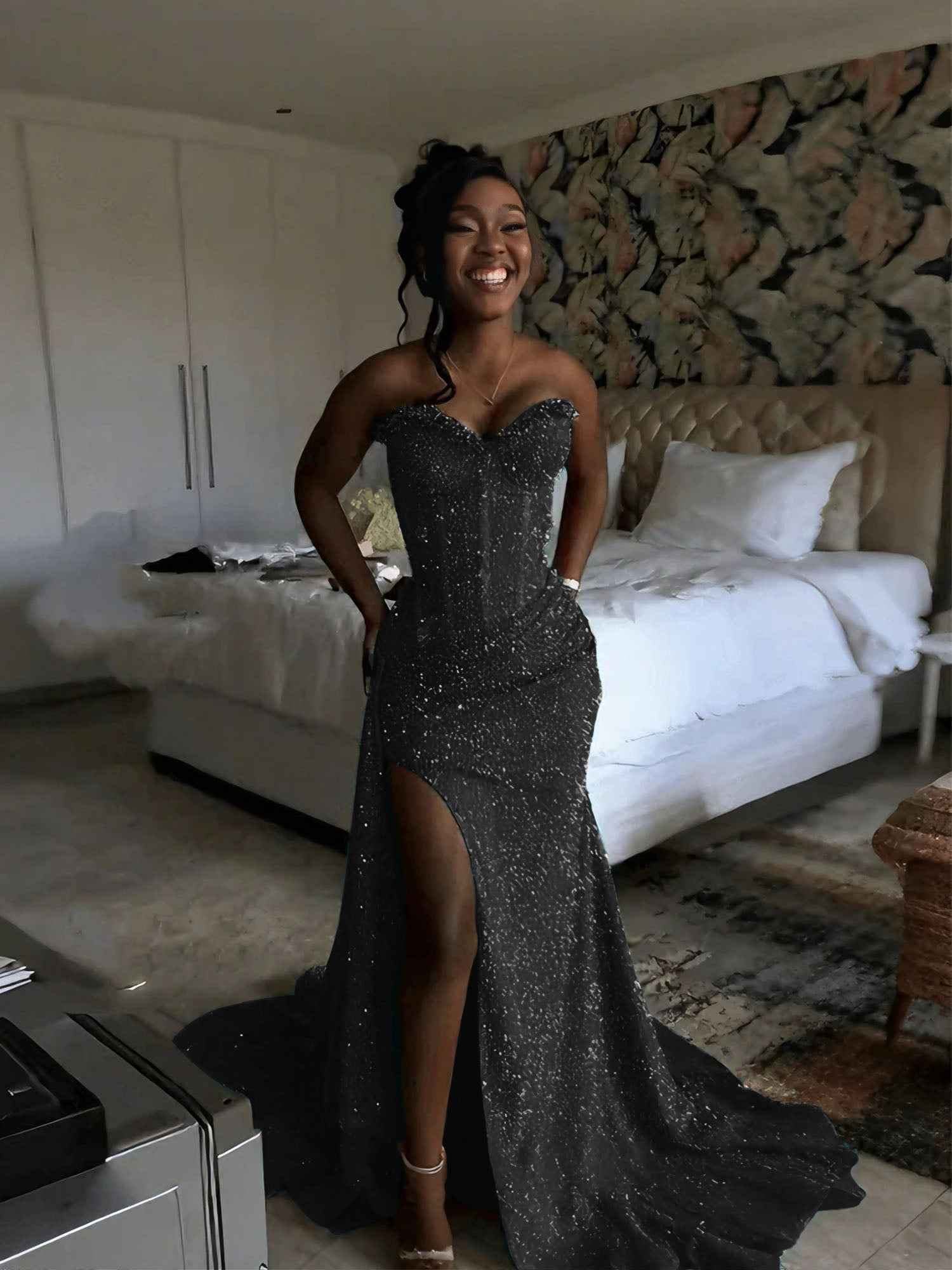 Glitter Strapless Mermaid Sequined Long Prom Dress with Slit (ZD17399)
