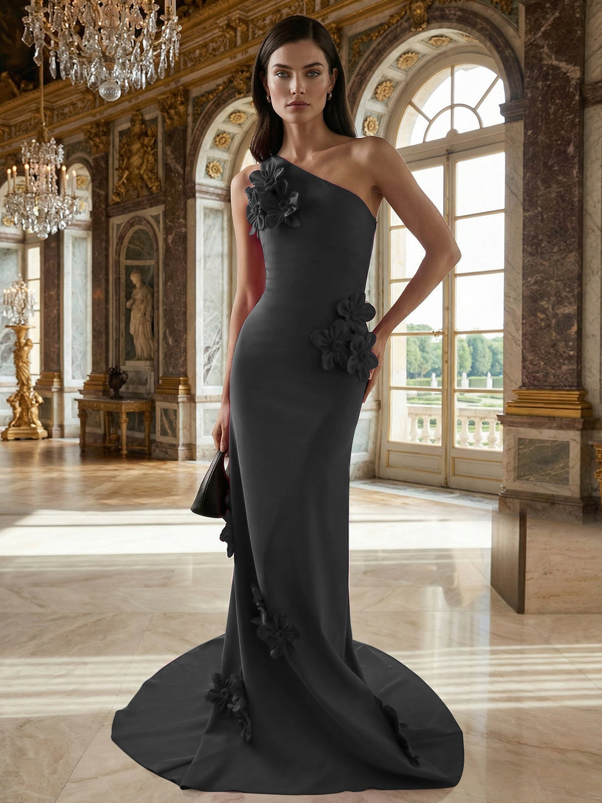 A-Line One-Shoulder Sleeveless Floor-Length Stretch Crepe Dress With 3D Flowers - FashionDia