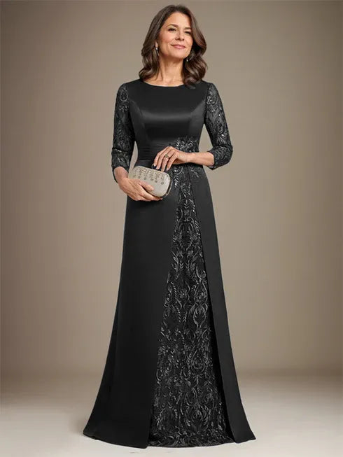 A-Line Scoop Floor-Length Lace Satin Mother Of the Bride Dress With Applique - View 11 | FashionDia