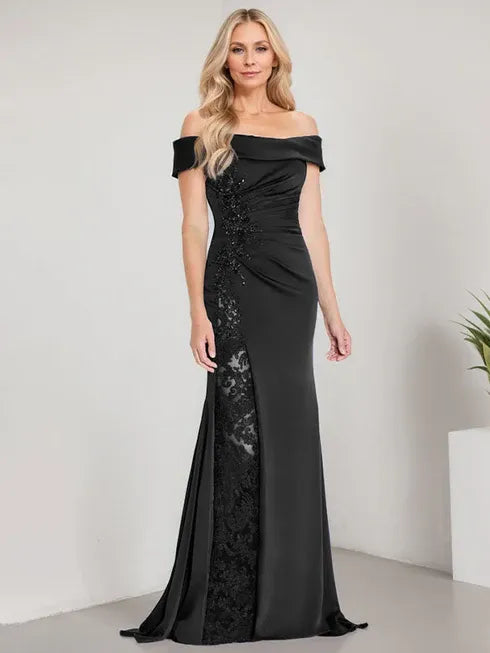 A-Line Off the Shoulder Floor-Length Mother of the Bride Dress Applique Beadings Mermaid Dress With High Split