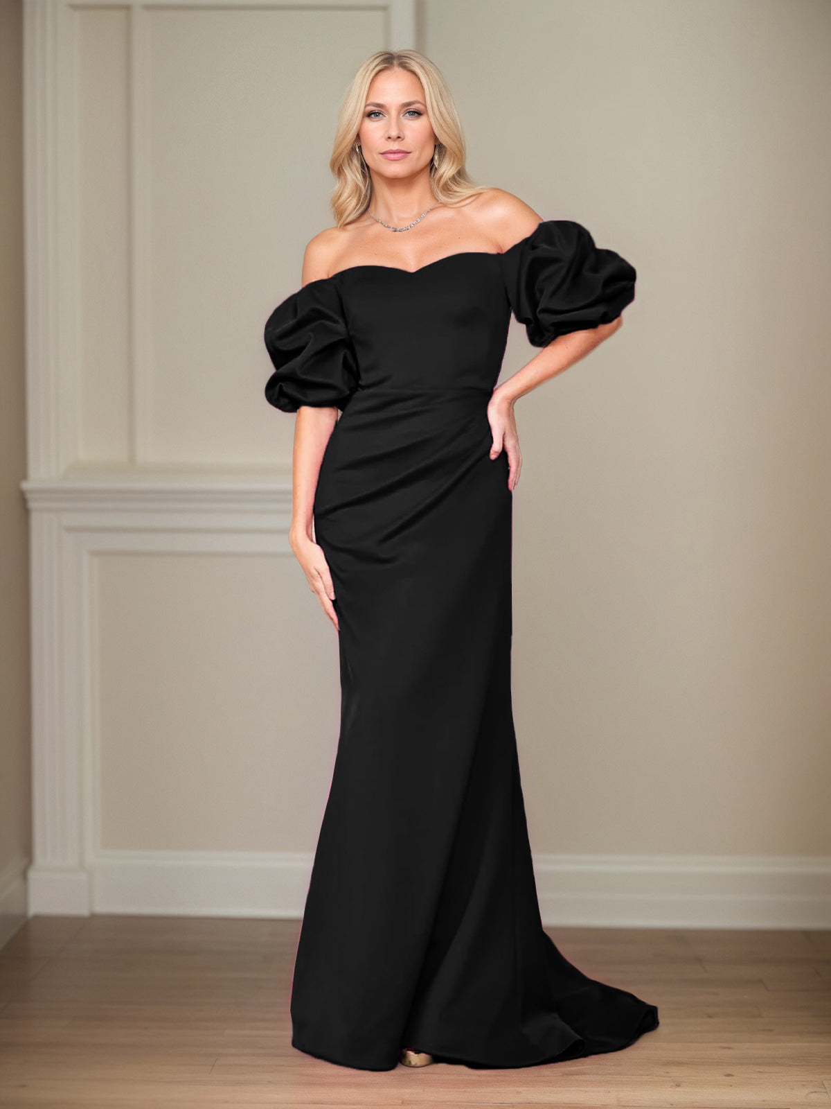Satin Sheath/Column Off The Shoulder Puff Sleeves Floor Length Mother of the Bride Dresses