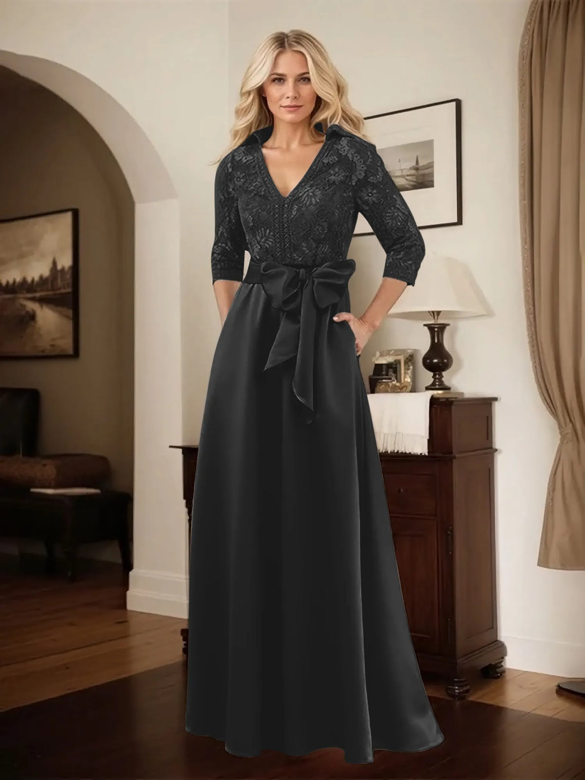 Classic V-Neck Bow Accented Satin Mother Of The Bride Dress With Lace - View 5 | FashionDia