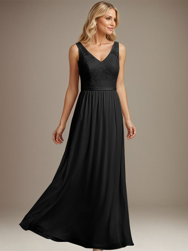 Dusty Blue A-Line V-Neck Floor-Length Lace Chiffon Mother of the Bride Dress - View 10 | FashionDia