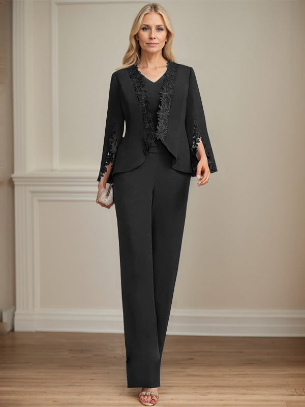Separates Jumpsuit/Pantsuit V-Neck Floor-Length Chiffon Mother of the Bride Dress - View 10 | FashionDia
