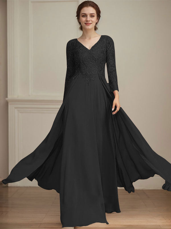 A-line V-Neck Floor-Length Lace Chiffon Mother of the Bride Dress With Sequins - View 14 | FashionDia