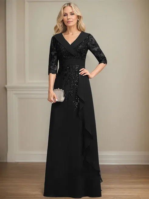 A-line Collared V-Neck Floor-Length Lace Chiffon Mother of the Bride Dress With Sequins Cascading Ruffles - View 15 | FashionDia