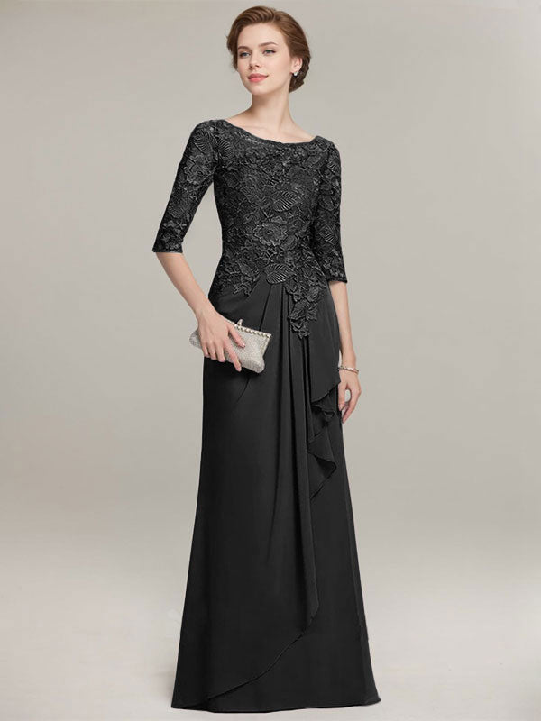 A-line Scoop Illusion Floor-Length Lace Chiffon Mother of the Bride Dress With Cascading Ruffles - View 9 | FashionDia