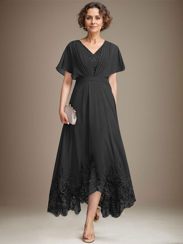 A-line V-Neck Asymmetrical Lace Chiffon Mother of the Bride Dress With Pleated - View 8 | FashionDia