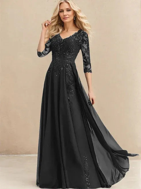 A-line V-Neck Floor-Length Lace Chiffon Mother of the Bride Dress With Sequins - View 7 | FashionDia