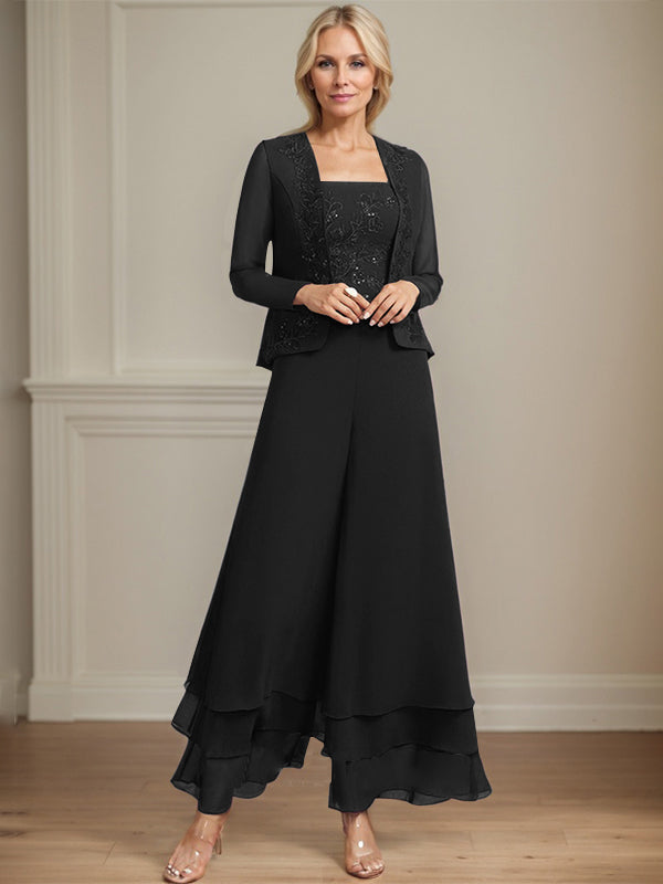 Separates Jumpsuit/Pantsuit Square Ankle-Length Lace Chiffon Mother of the Bride Dress With Sequins - View 13 | FashionDia
