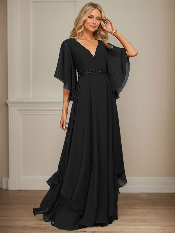 A-line V-Neck Floor-Length Chiffon Mother of the Bride Dress With Sequins Appliques Lace Beading - View 14 | FashionDia