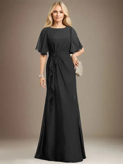 A-line Scoop Floor-Length Chiffon Mother of the Bride Dress With Cascading Ruffles Beading Sequins - View 12 | FashionDia