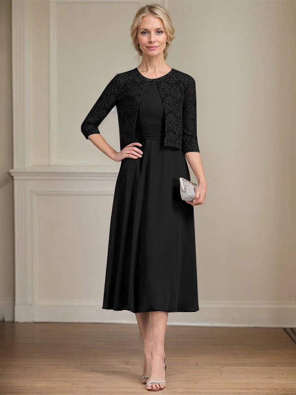 A-line Scoop Tea-Length Chiffon Mother of the Bride Dress With Pleated - View 12 | FashionDia