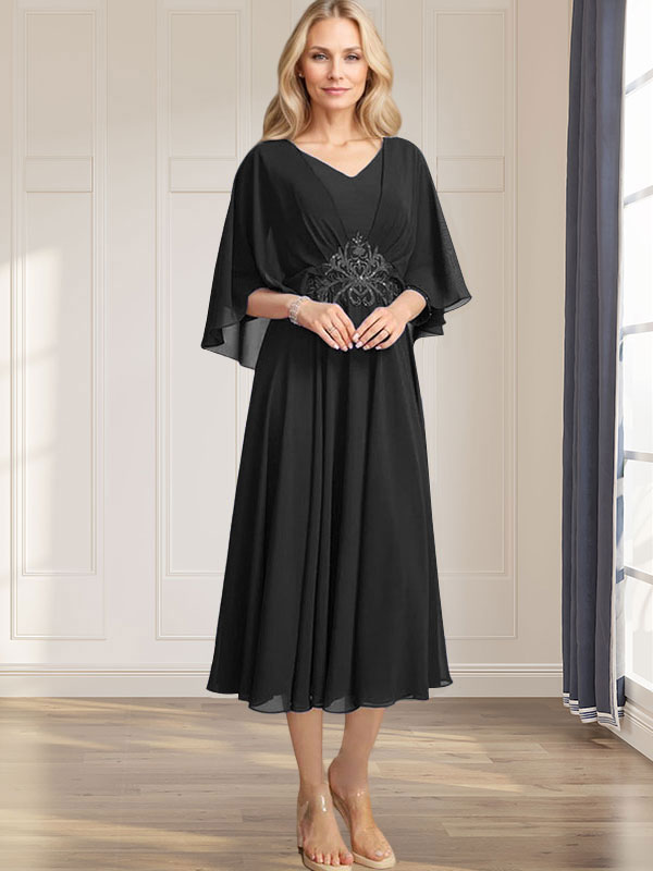 A-line V-Neck Tea-Length Chiffon Mother of the Bride Dress With Pleated Sequins Appliques Lace Beadind - View 9 | FashionDia
