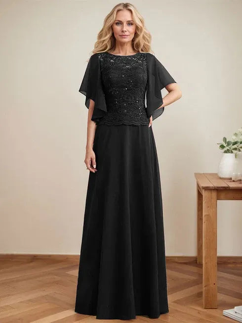 A-line Scoop Illusion Floor-Length Lace Chiffon Mother of the Bride Dress With Sequins - View 9 | FashionDia