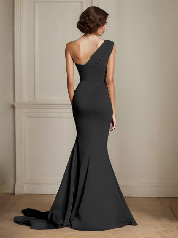 Elegant Khaki One Shouder Mermaid Ruched Long Satin Formal Dress