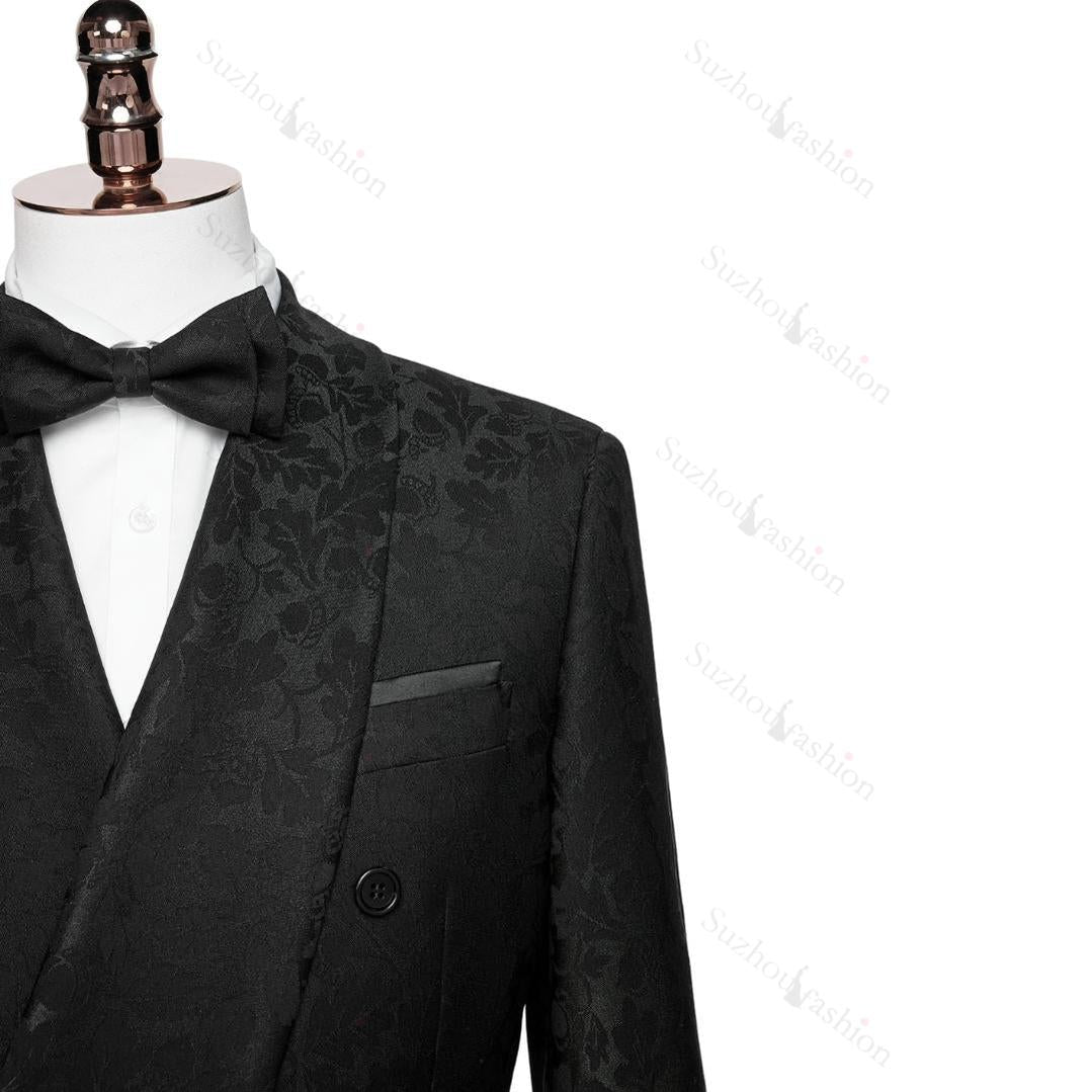 Black Jacquard Shawl Lapel Double Breasted Wedding Suit