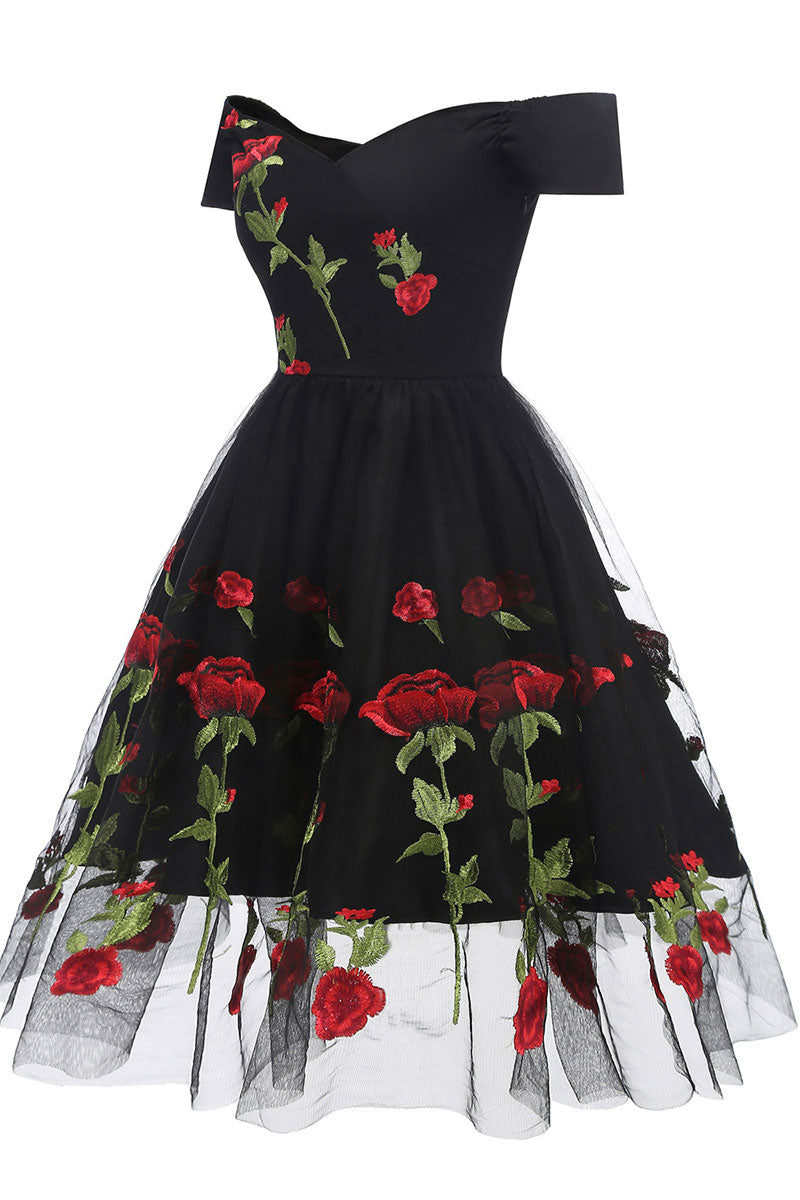 Black Off-the-shoulder Rose Embroidered A-line Prom Dress - Fashionpara
