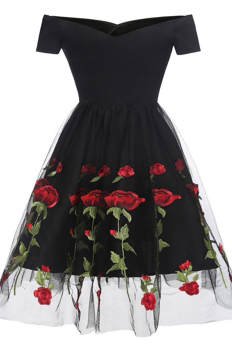 Black Off-the-shoulder Rose Embroidered A-line Prom Dress - Fashionpara