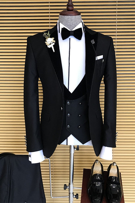 Black Peaked Lapel 3 Piece Slim Fit Business Suit