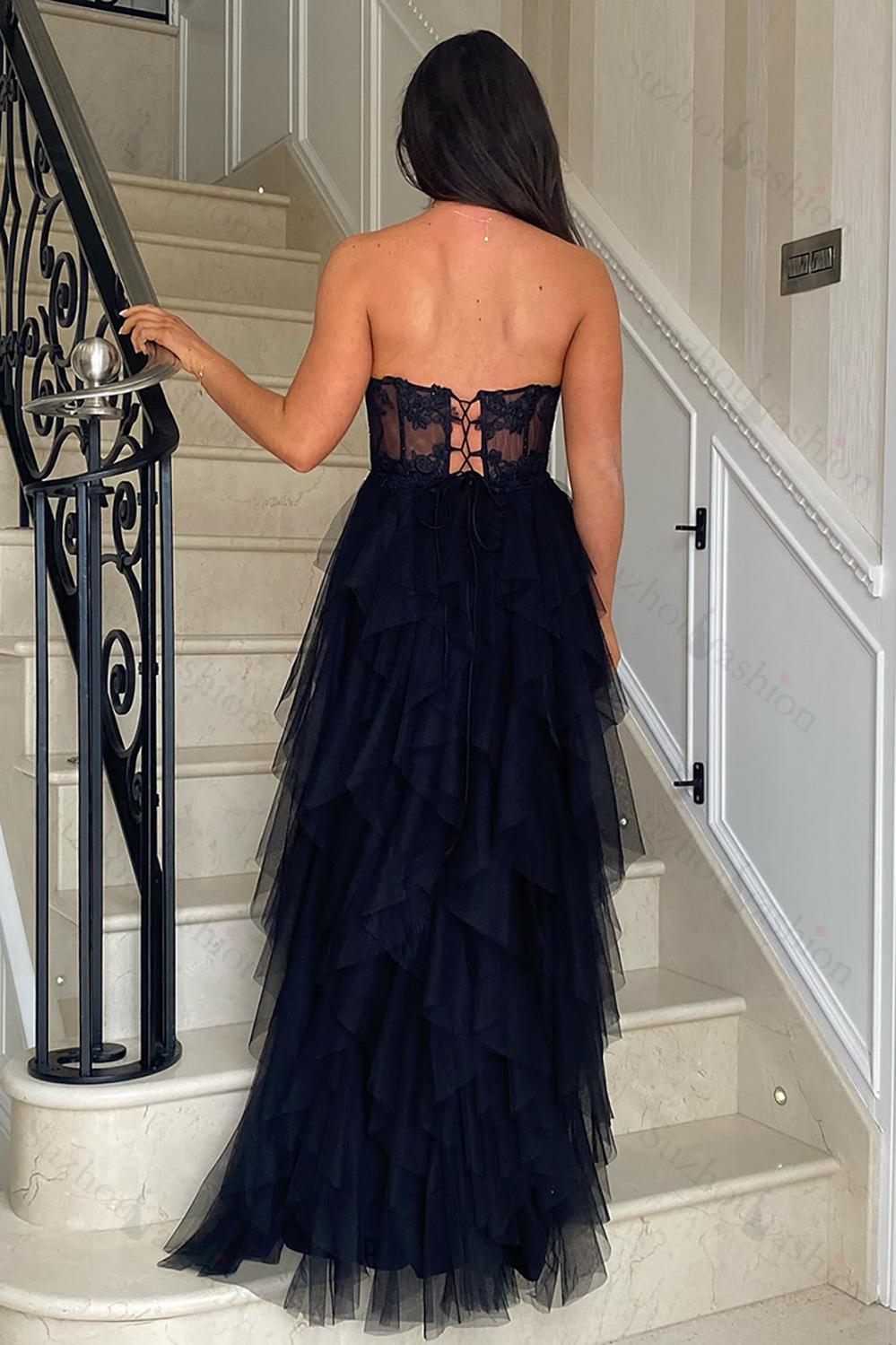 Black Prom Dress Floral A-Line Ruffles Strapless Long Formal Dress With Slit