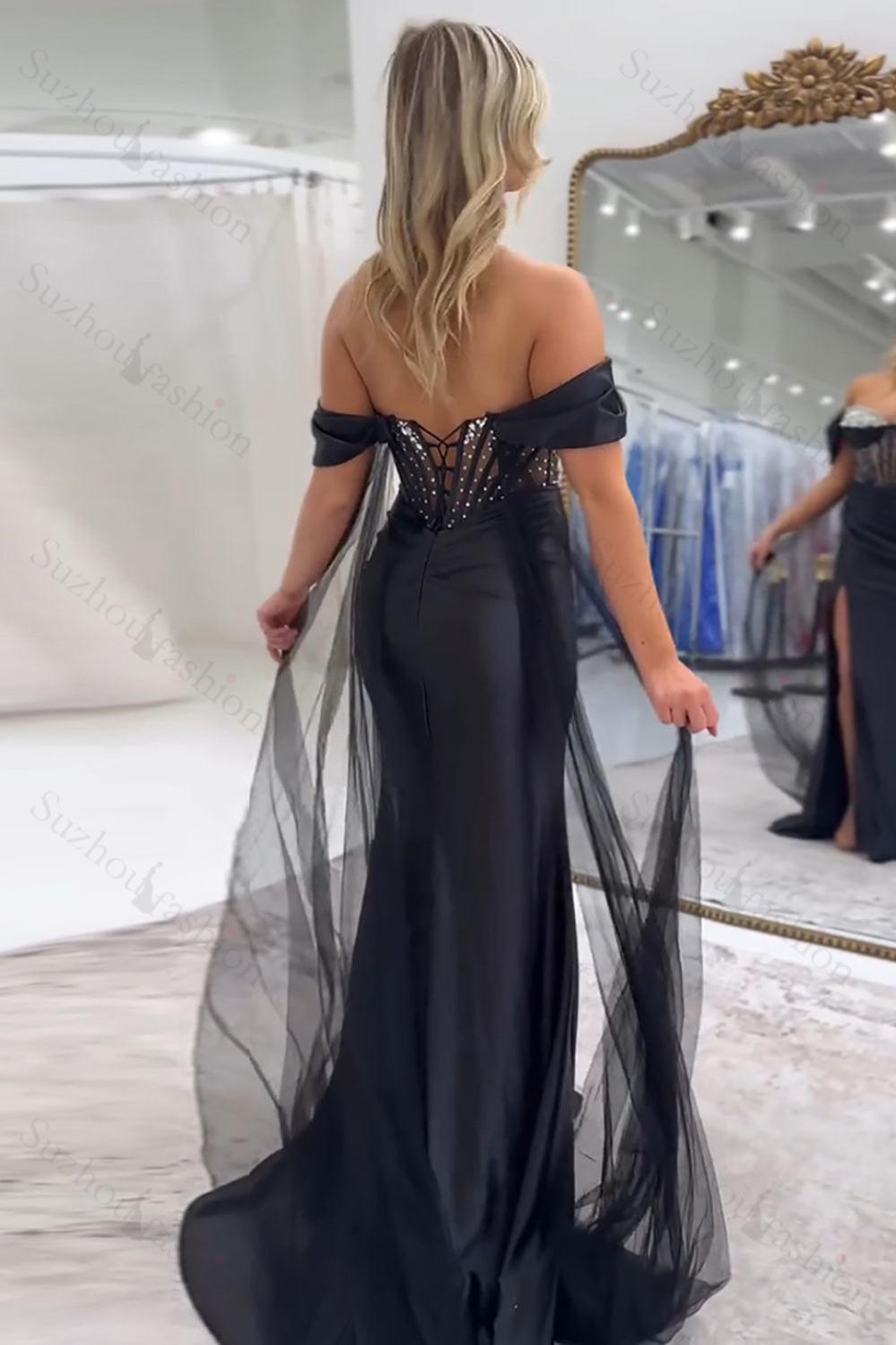 Black Prom Dress Satin Mermaid Beaded Long Formal Dress With Slit