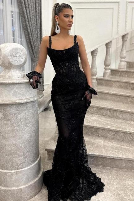 Black Prom Dress Spaghetti Strap Mermaid Sleeveless Beaded Evening Lace Formal Dress