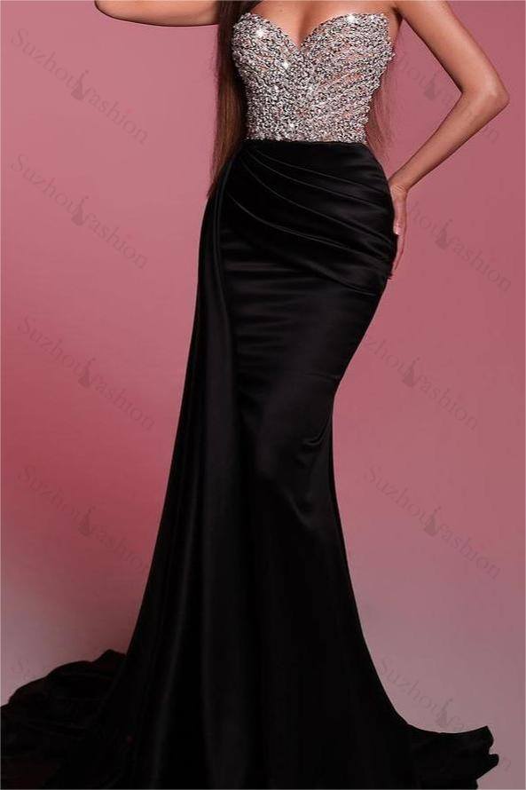 Black Prom Dress Strapless Sleeveless Pleated Mermaid Evening Formal Dress With Bead Embroidery