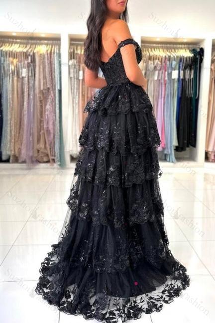 Black Prom Dress Sweetheart A Line Off The Shoulder Sleeveless Lace Dresses With Slit