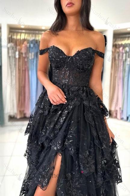 Black Prom Dress Sweetheart A Line Off The Shoulder Sleeveless Lace Dresses With Slit