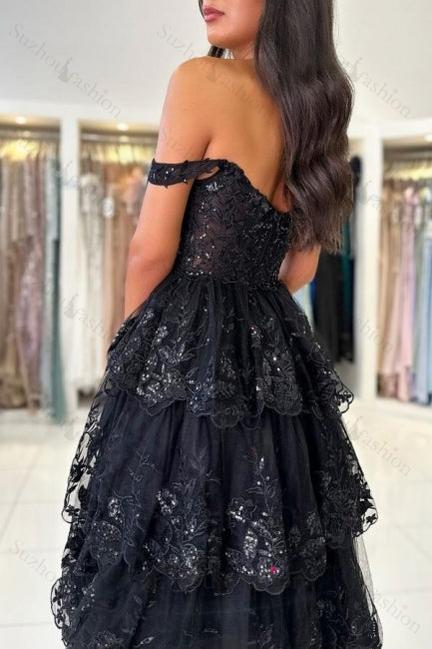 Black Prom Dress Sweetheart A Line Off The Shoulder Sleeveless Lace Dresses With Slit