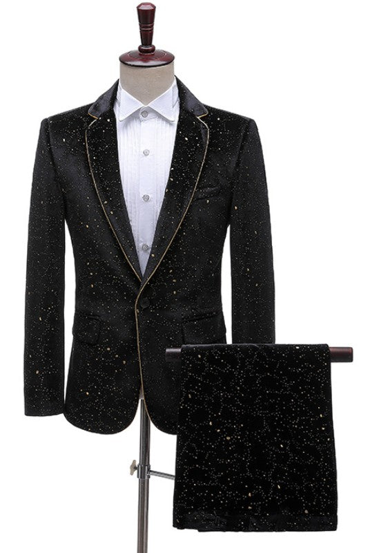 Black Sequins 2 Piece One Button Notched Lapel Prom Suit