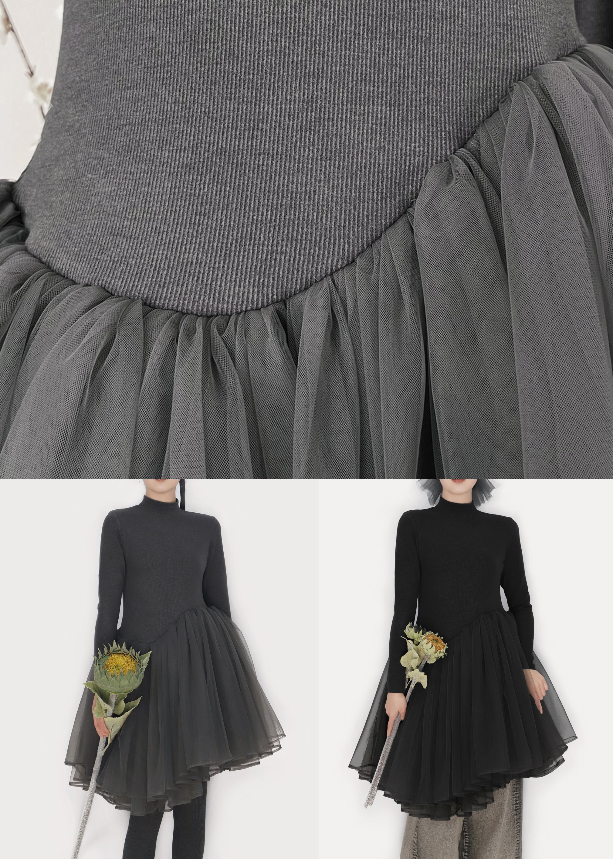 Black Solid Tulle Patchwork Winter Mini Dresses Turtleneck