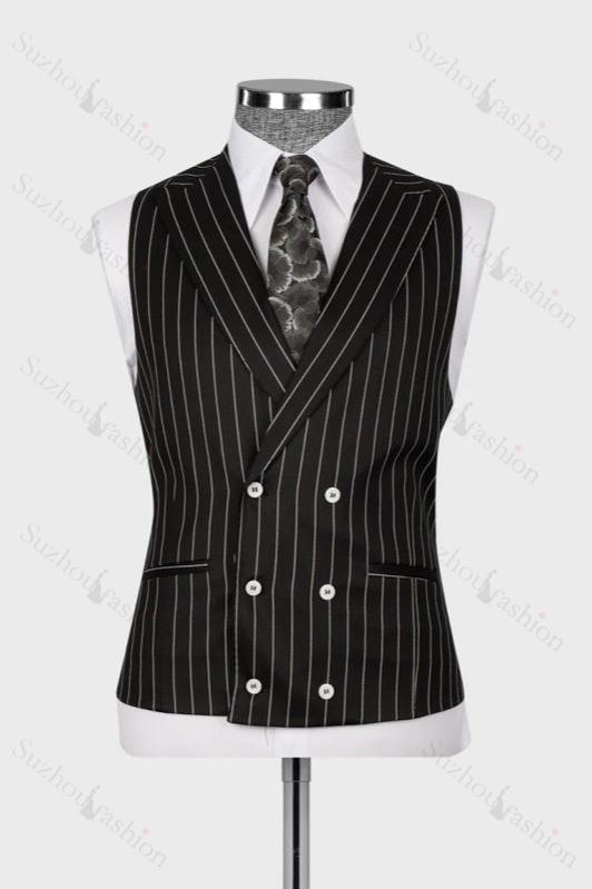 Black Striped Peaked Lapel 3 Piece Business Men's Suit