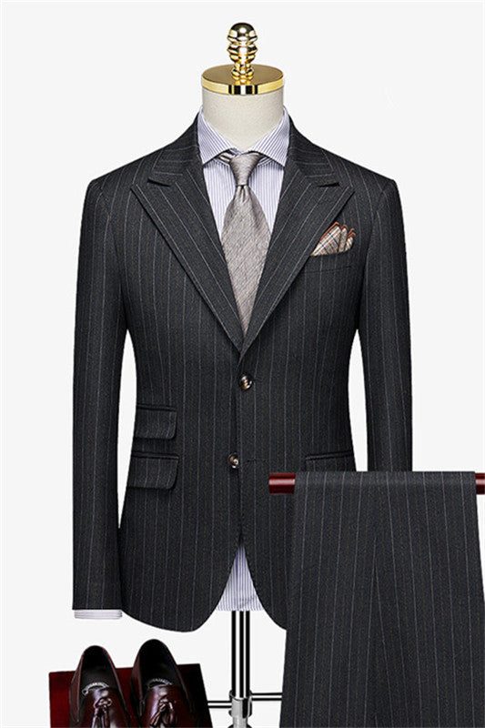 Black Striped Peaked Lapel Double Breasted Business Suit