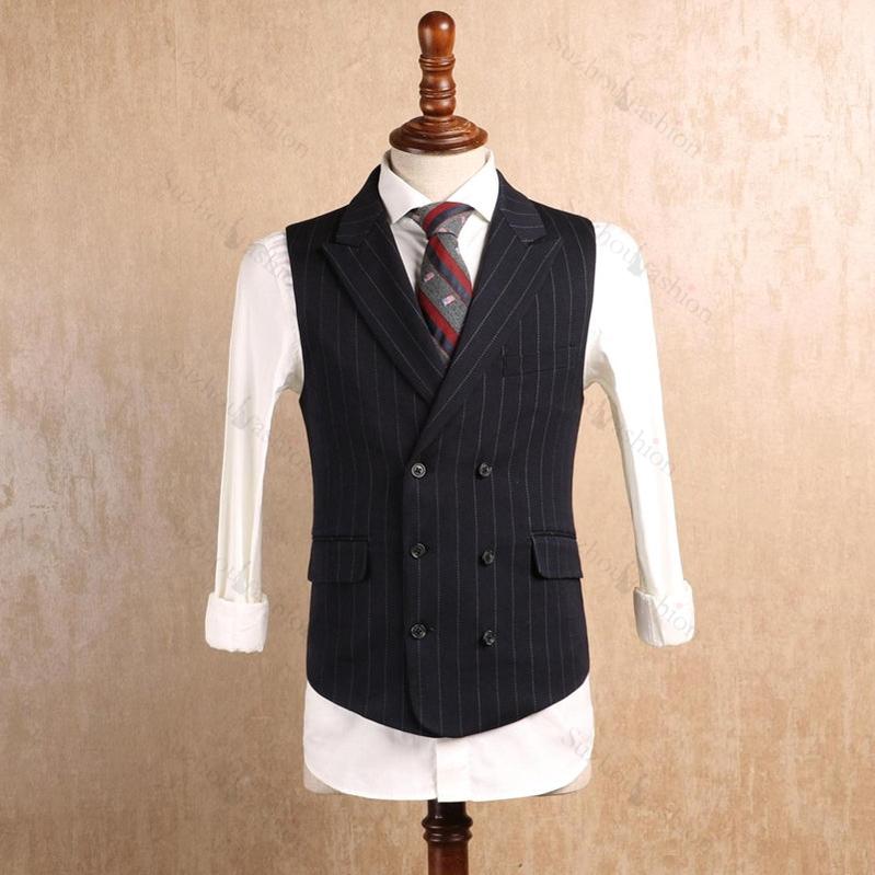 Black Striped Peaked Lapel Three Piece Business Suit