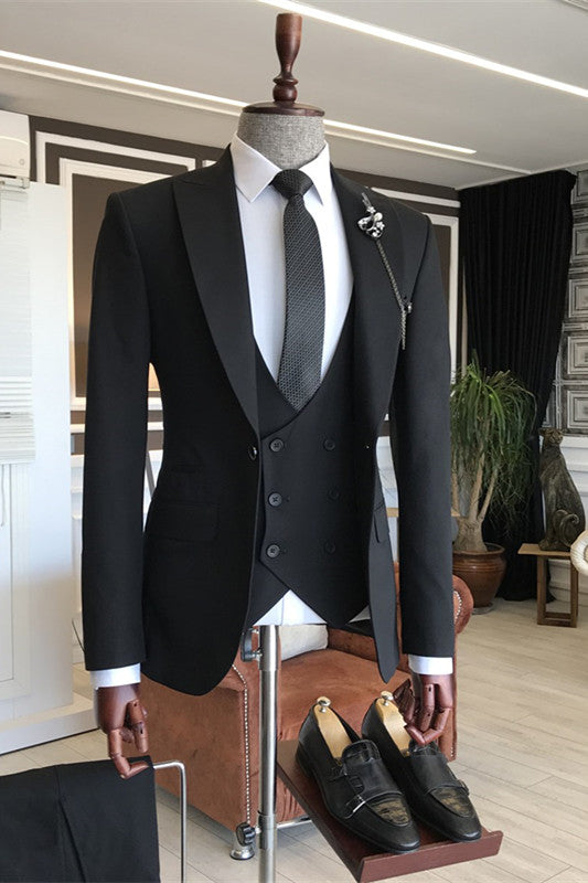 Black Three Piece Peaked Lapel Business Suit