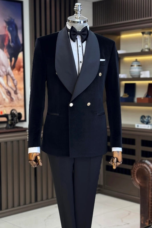Black Velvet Double Breasted Shawl Lapel Suit for Men