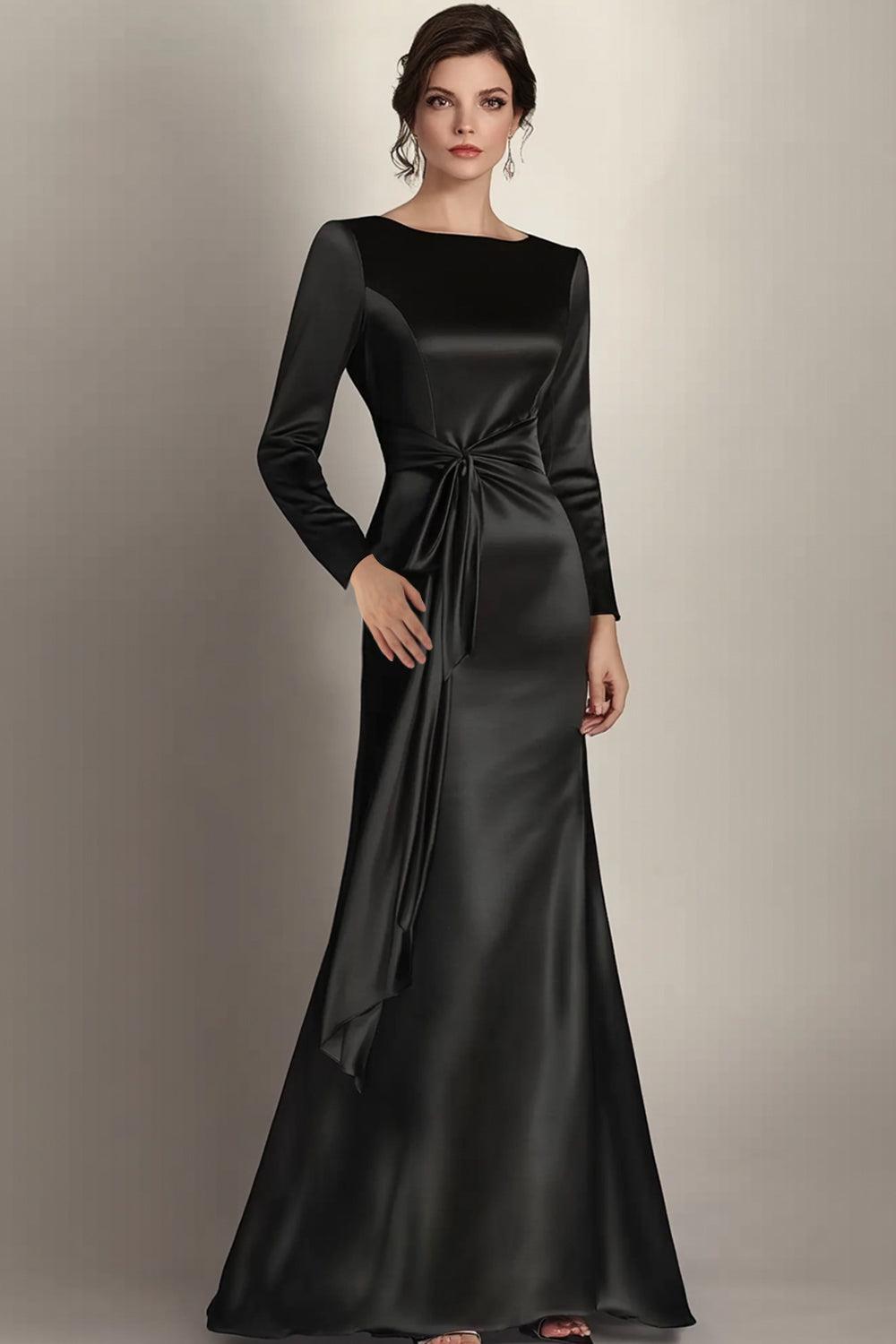 Black Wedding Guest Dress Mermaid Long Sleeves Satin Ruched Long Formal Dress