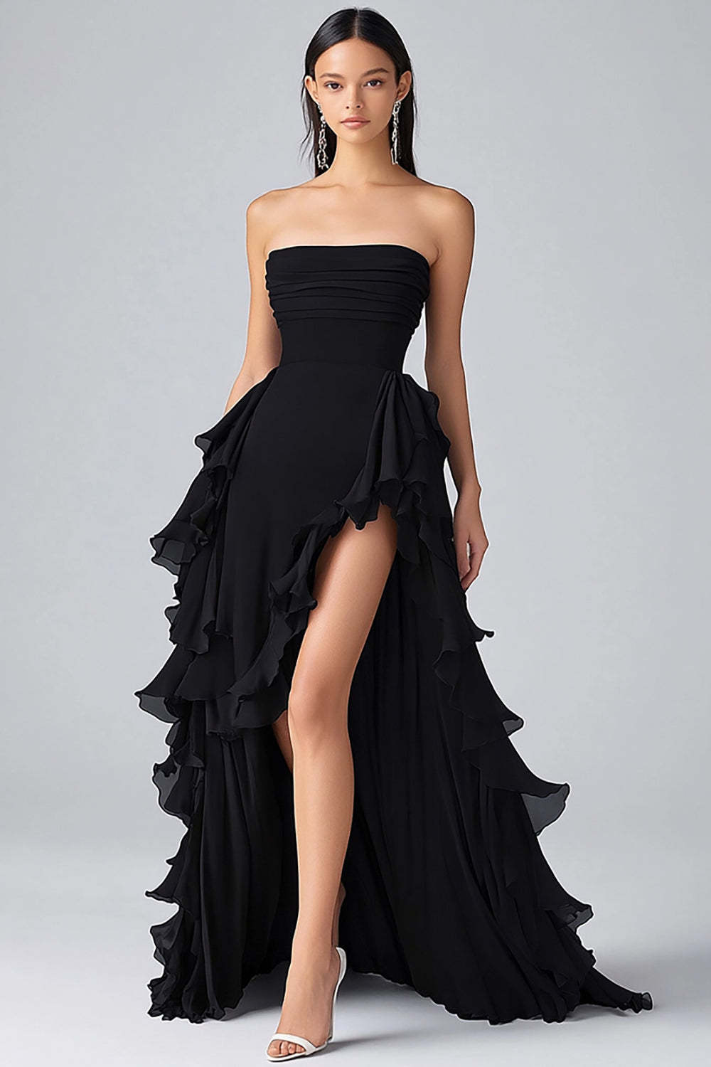 Black Wedding Guest Dress Strapless Ruffled Long Chiffon Formal Dress With Slit