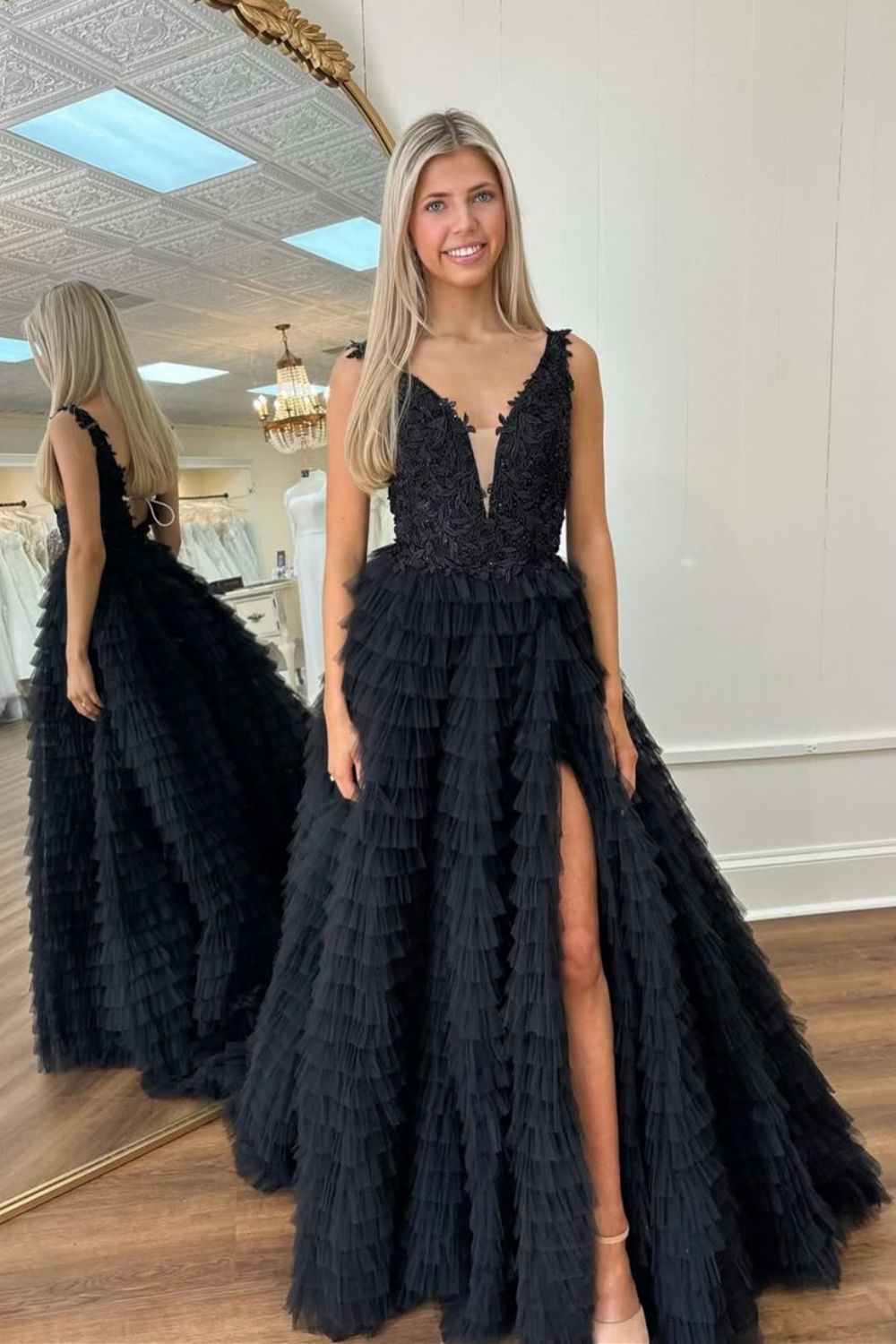 Black A-Line Lace Top V-Neck Long Tulle Prom Dress with Appliques - FashionDia