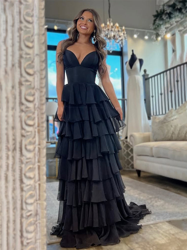Black A-Line Spaghetti Straps Long Tierede Tulle Prom Dress With Slit - FashionDia