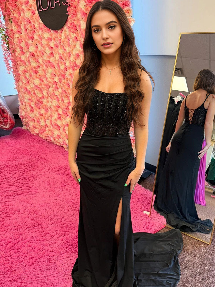 Black Beaded Sheer Corset Bodice Satin Prom Dress with Slit - FashionDia