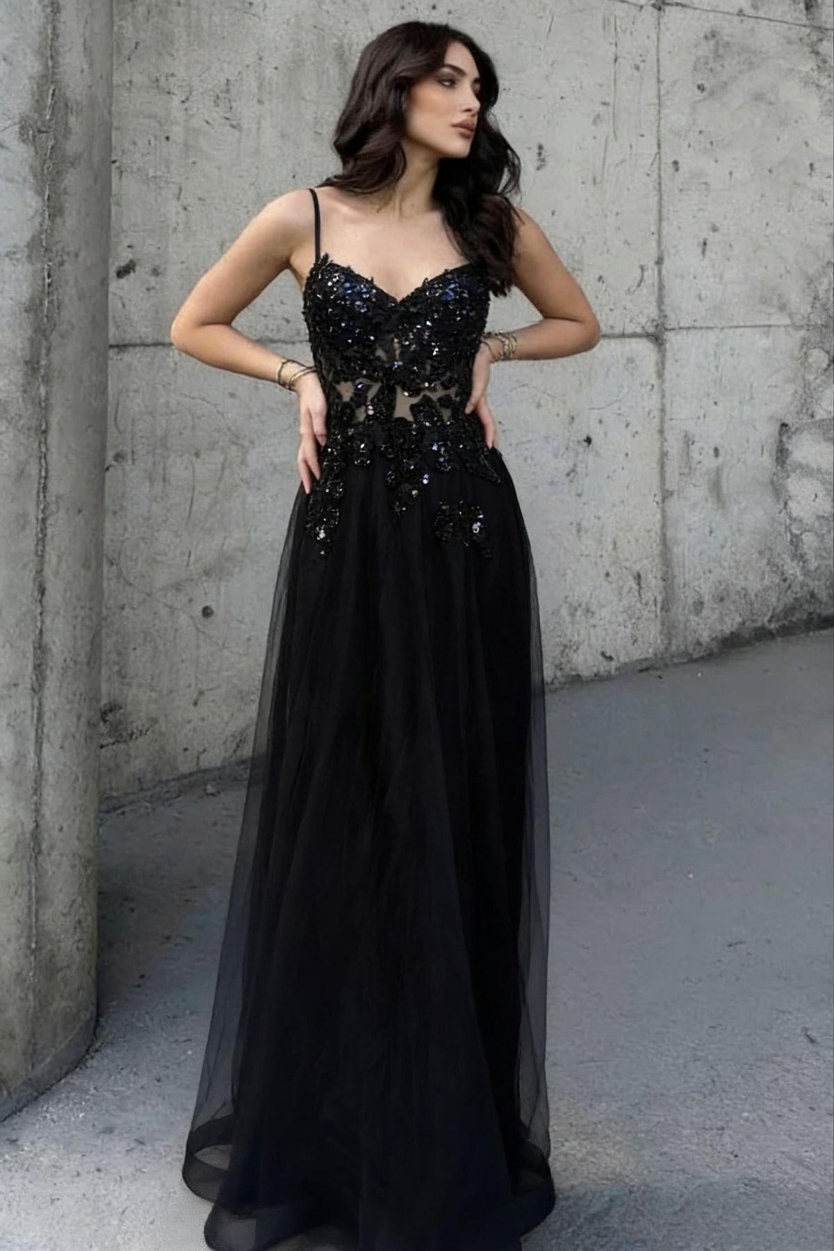 Charming A-Line Spaghetti Straps Black Beaded Prom Dress with Sheer Bodice - FashionDia