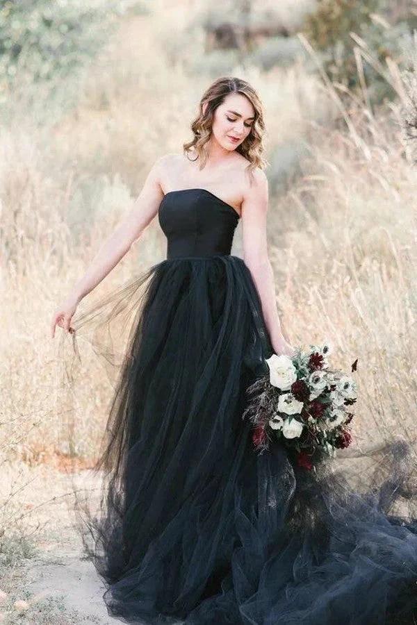 Black Gothic Wedding Dresses A-Line Sleeveless With Train (ZD16121)