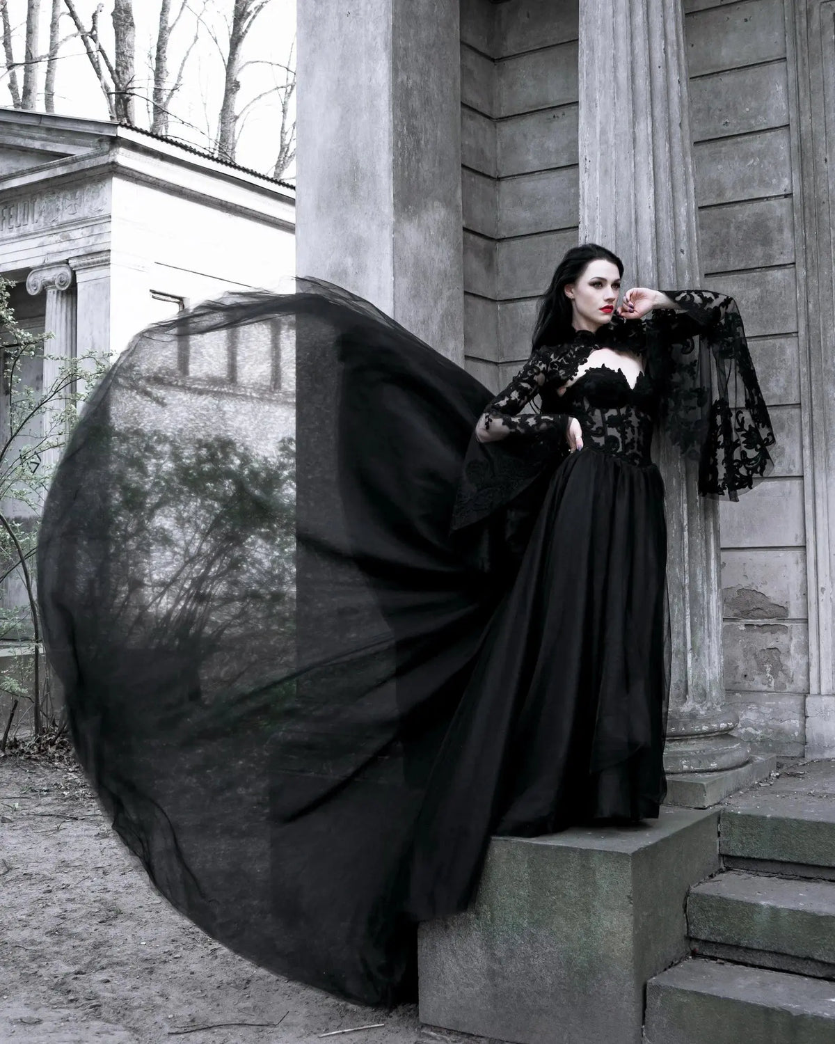 Black Luxury Gothic Wedding Dress Sheer Lace Ball Gown ZP029