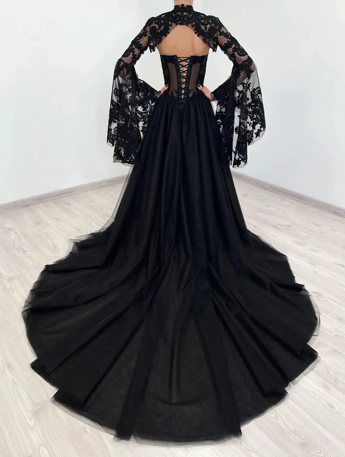 Black Luxury Gothic Wedding Dress Sheer Lace Ball Gown ZP029